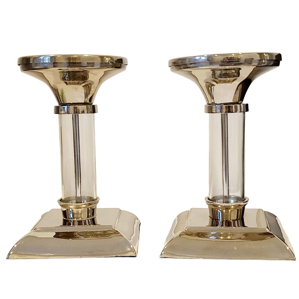Set Of 2 Pottery Barn Amelia Pillar‎ Taper Candle Holder Chrome Glass Square